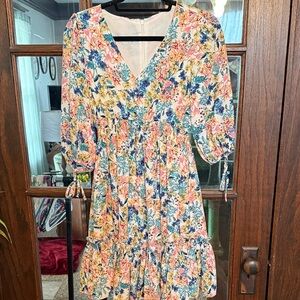 Floral V-Neck Smocked Mini Dress with Tie Sleeves and Ruffle Hem Multi Color S